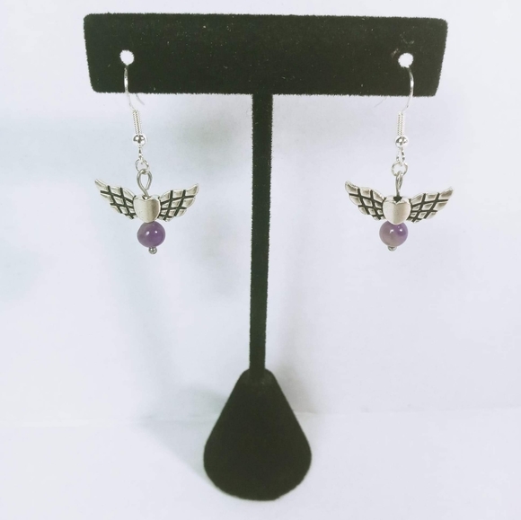 Simple winged heart earrings Amethyst beads - Picture 2 of 2